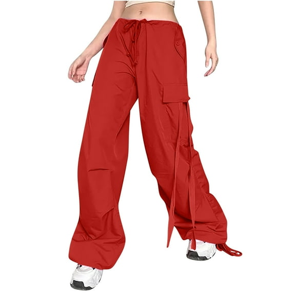 AherBiu Women Cargo Dance Pants Drawstring Low Waisted Streetwear Straight Wide Leg Juniors Cargo Pants