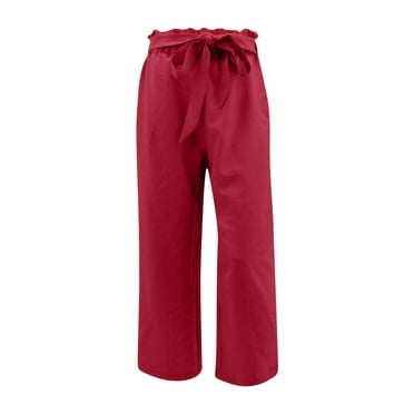 AherBiu Women Cotton Linen Pants Loose Straight Wide Leg Elastic High Waisted Lounge Pants Slacks Trousers