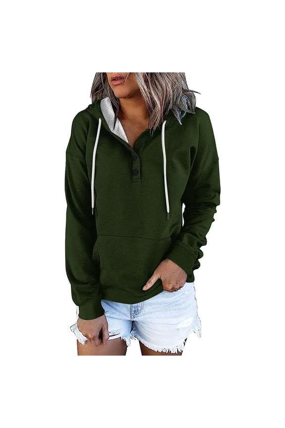 Women Fall Pullover Tops Long Sleeve Half Button Hooded Sweatshirt for Women Solid Color Hoodies