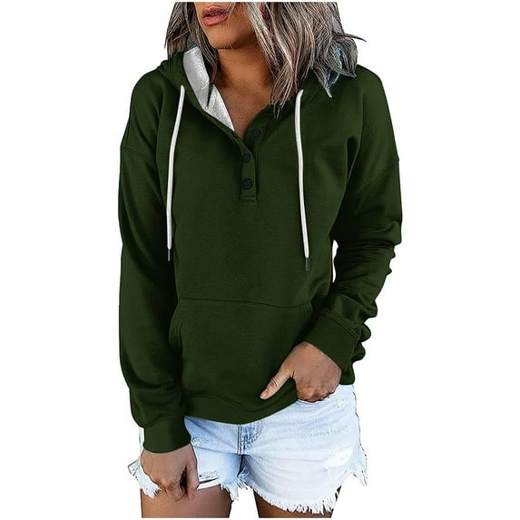 AherBiu Women Fall Pullover Tops Long Sleeve Half Button Hooded Sweatshirt for Women Solid Color Hoodies