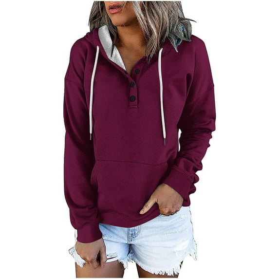 AherBiu Women Fall Pullover Tops Long Sleeve Half Button Hooded Sweatshirt for Women Solid Color Hoodies