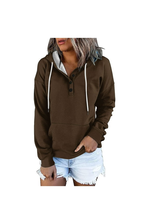 Women Fall Pullover Tops Long Sleeve Half Button Hooded Sweatshirt for Women Solid Color Hoodies