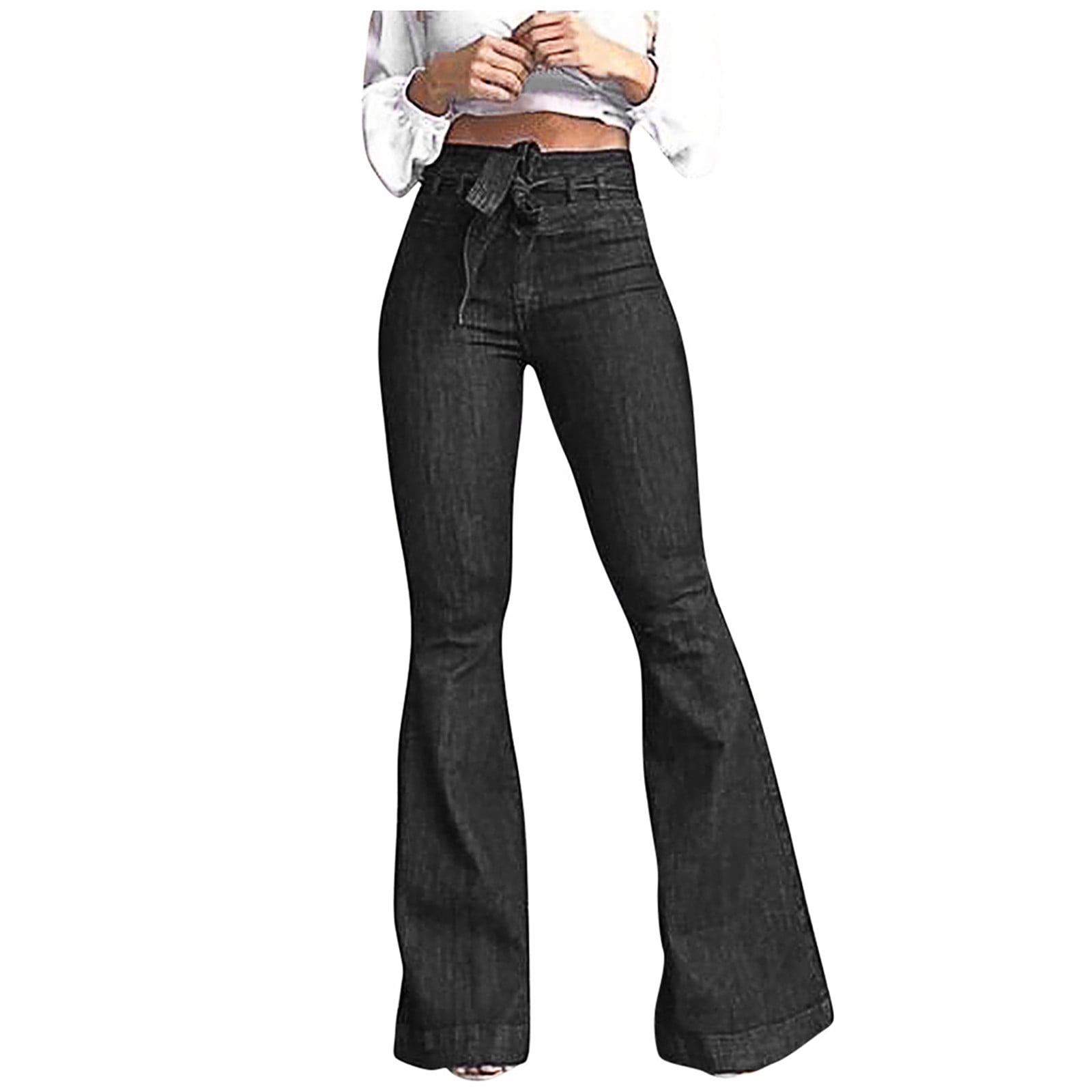 AherBiu Women Flare Jeans Belted High Waist Bell Bottom Denim Pants ...