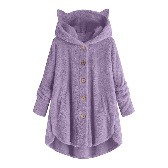 AherBiu Women Fleece Coats Button up Ear Hooded Long Sleeve Solid Color Patchwork Winter Fall Outwear