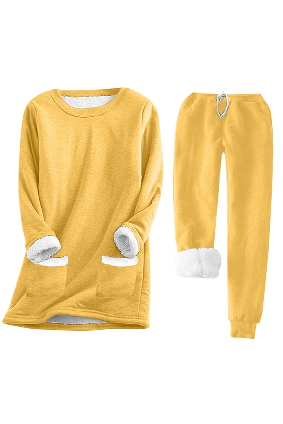 Women Fleece Lined Sweatsuit 2 Piece Outfit Winter Warm Basic Tops Tees with Sweatpants Sets Loungewear