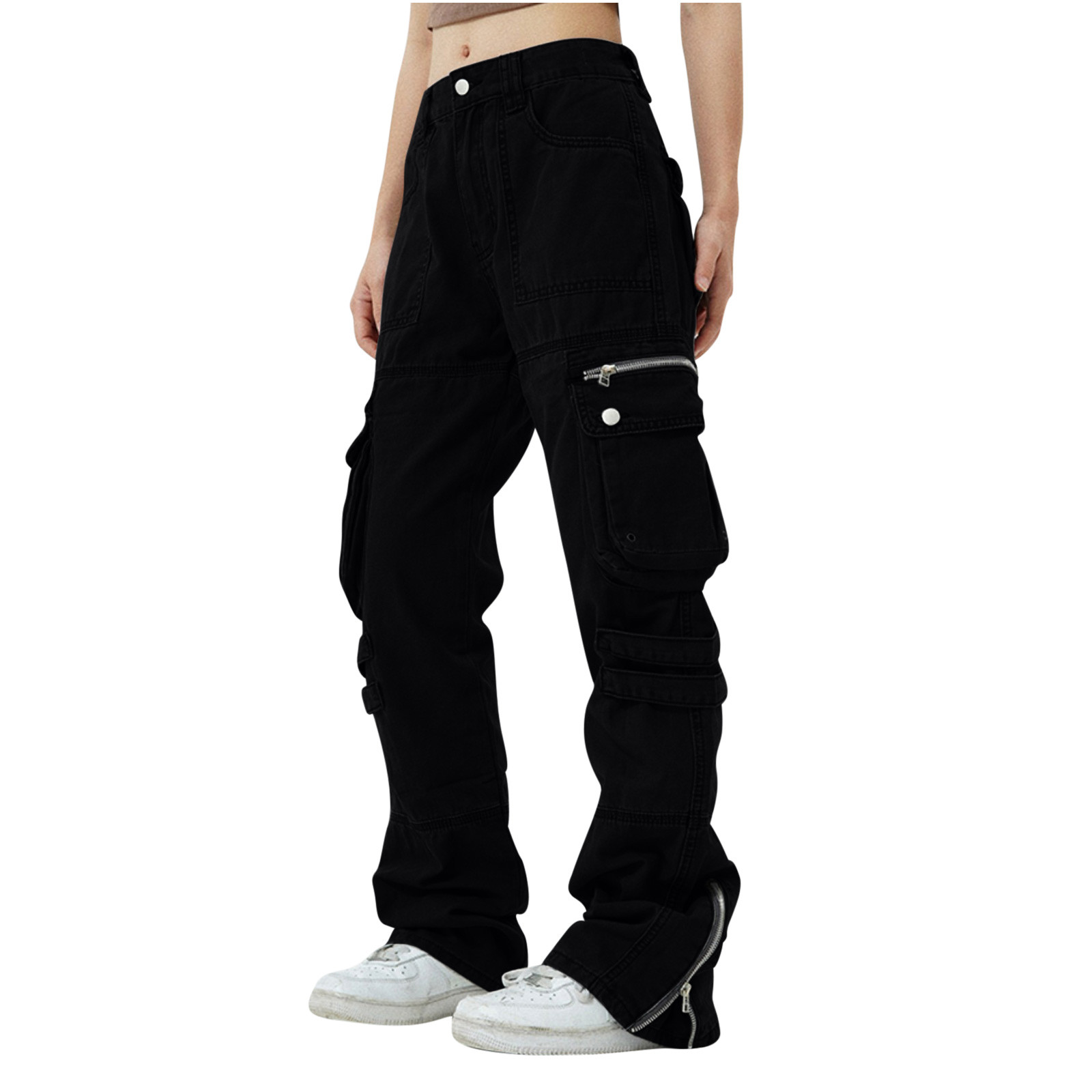 AherBiu Women Juniors Cargo Pants Straight Leg Jeans Mid Waisted