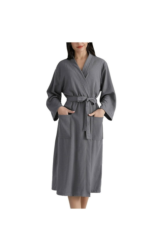 Women Long Bathrobe Pajamas Open Front Wrap V Neck Long Sleeve Belted Bath Robe with Pockets
