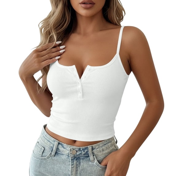 AherBiu Women Ribble Knitted Tank Tops Cropped Half Button Scoop Neck Low Cut Slim Fitted Spaghetti Strap Cute Tanks Going out Tops