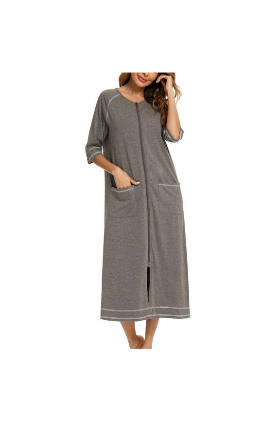 Women Robe Zipper Pajamas Front House Coat 3/4 Sleeve Nightgown Full Length Ladies Lounge Dress with Pockets
