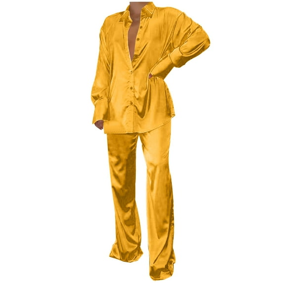 AherBiu Women Satin 2 Piece Sets Button down Lapel Shirts with Straight Leg Pants Plus Size Fall Outfits