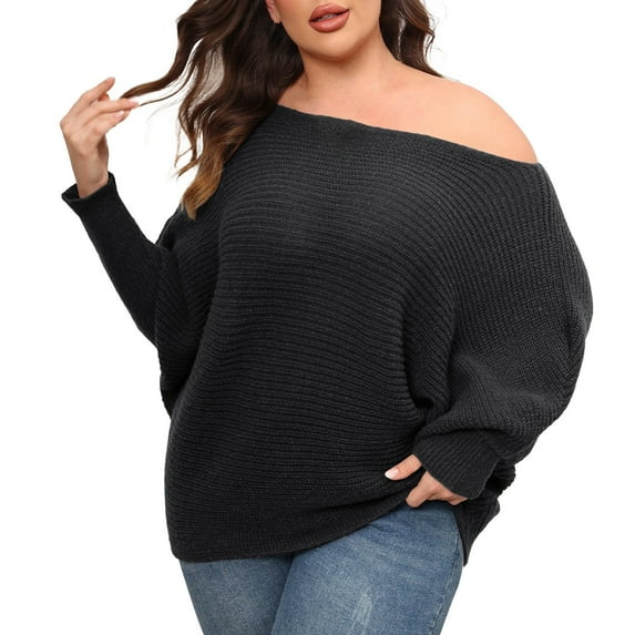 AherBiu Women Sweaters Scoop Neck Batwing Sleeve Oversized Jumper Tops Ribble Knit Solid Color Pullover