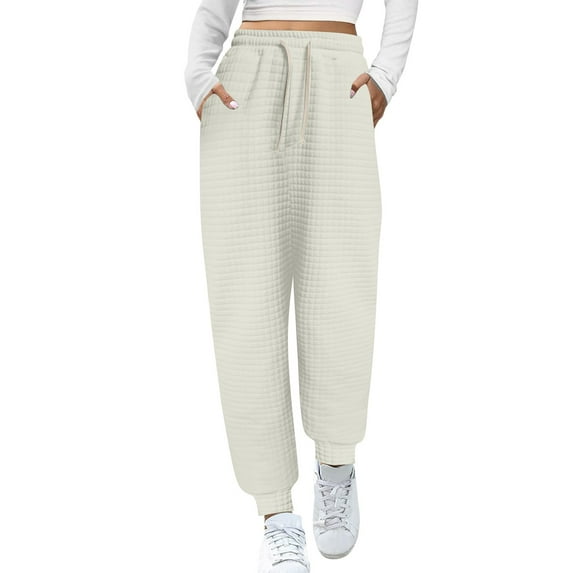 AherBiu Women Sweatpants Block Patterned Drawstring High Waisted Joggers Sweat Pants Solid Color Trackpants