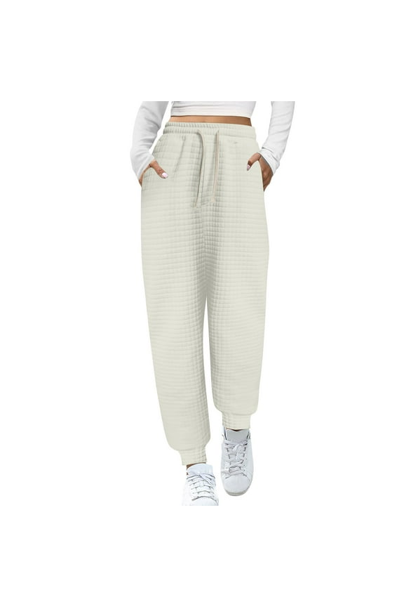 Women Sweatpants Block Patterned Drawstring High Waisted Joggers Sweat Pants Solid Color Trackpants