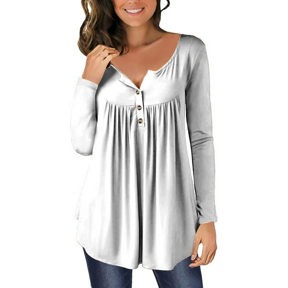 AherBiu Women Tunic Tops to Wear with Leggings Spring Long Sleeve Shirts Button Scoop Neck Ruched Loose Blouse