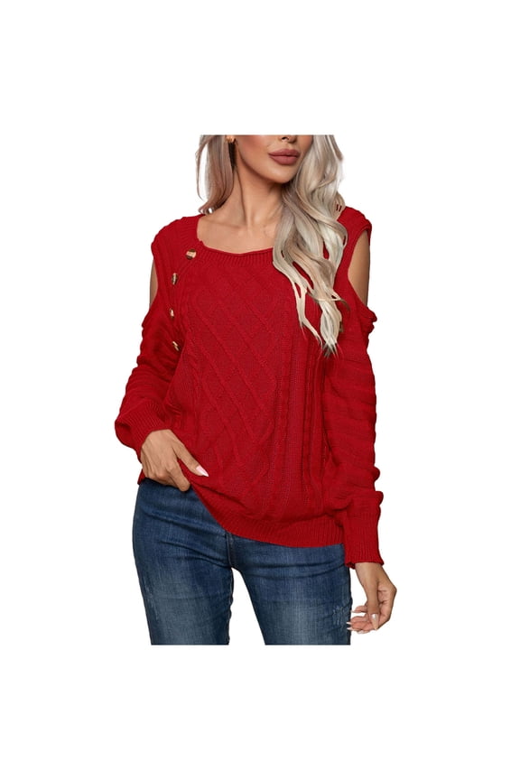 Women off Shoulder Sweaters Scoop Neck Long Sleeve Loose Ribble Knit Jumper Tops Pullover Solid Color