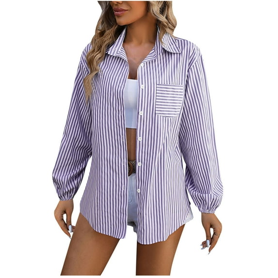 AherBiu Women's Striped Button Down Shirts Casual Long Sleeve Lapel V Neck Tops with Pockets Women Blouse