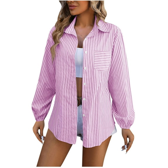 AherBiu Women's Striped Button Down Shirts Casual Long Sleeve Lapel V Neck Tops with Pockets Women Blouse