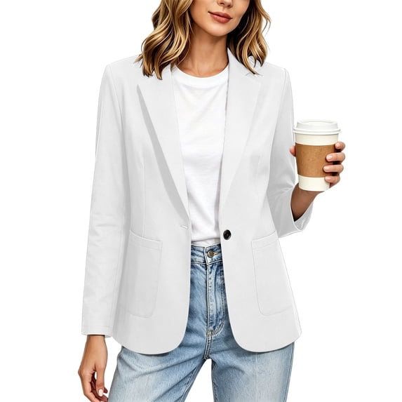 AherBiu Womens Blazer Jacket Collared Business Casual Fitted Single Button Office Ladies Work Coat Outwear with Pockets(X-Large,White)