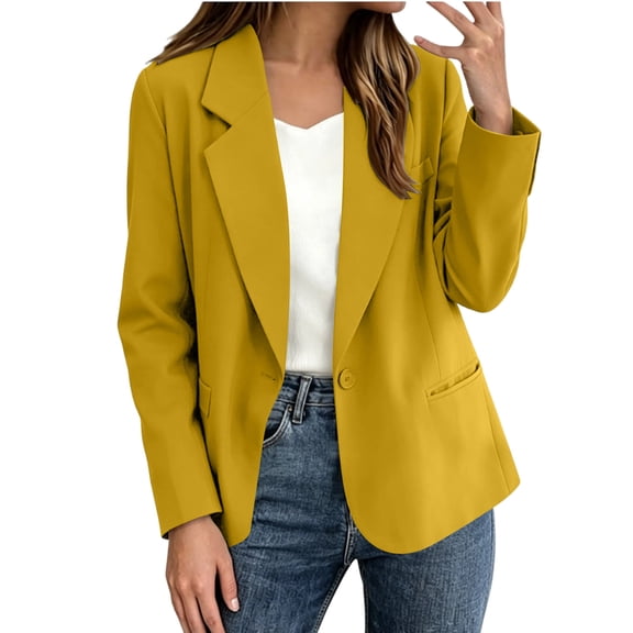 AherBiu Womens Blazer Jacket Lapel Collared Slim Fitted Button Long Sleeve Business Work Office Suit Outwear with Pockets(X-Large,Yellow)