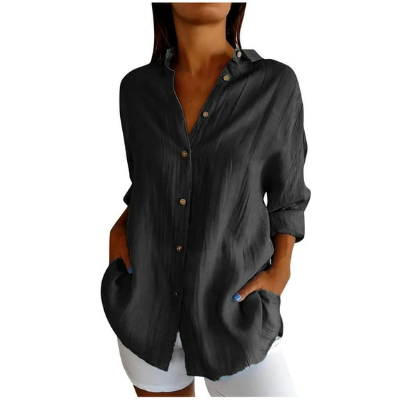 AherBiu Womens Button down Shirts Plus Size Long Sleeve Tops for Women Business Casual Lapel V Neck Blouse