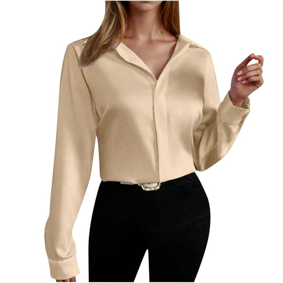 AherBiu Womens Button down Shirts Satin Long Sleeve Tops Lapel Neck Dressy Casual Elegant Ladies Blouse