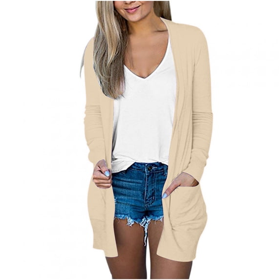 AherBiu Womens Cardigan Tops Long Sleeve Open Front Mid-Long Outwear with Pockets Spring Clothes