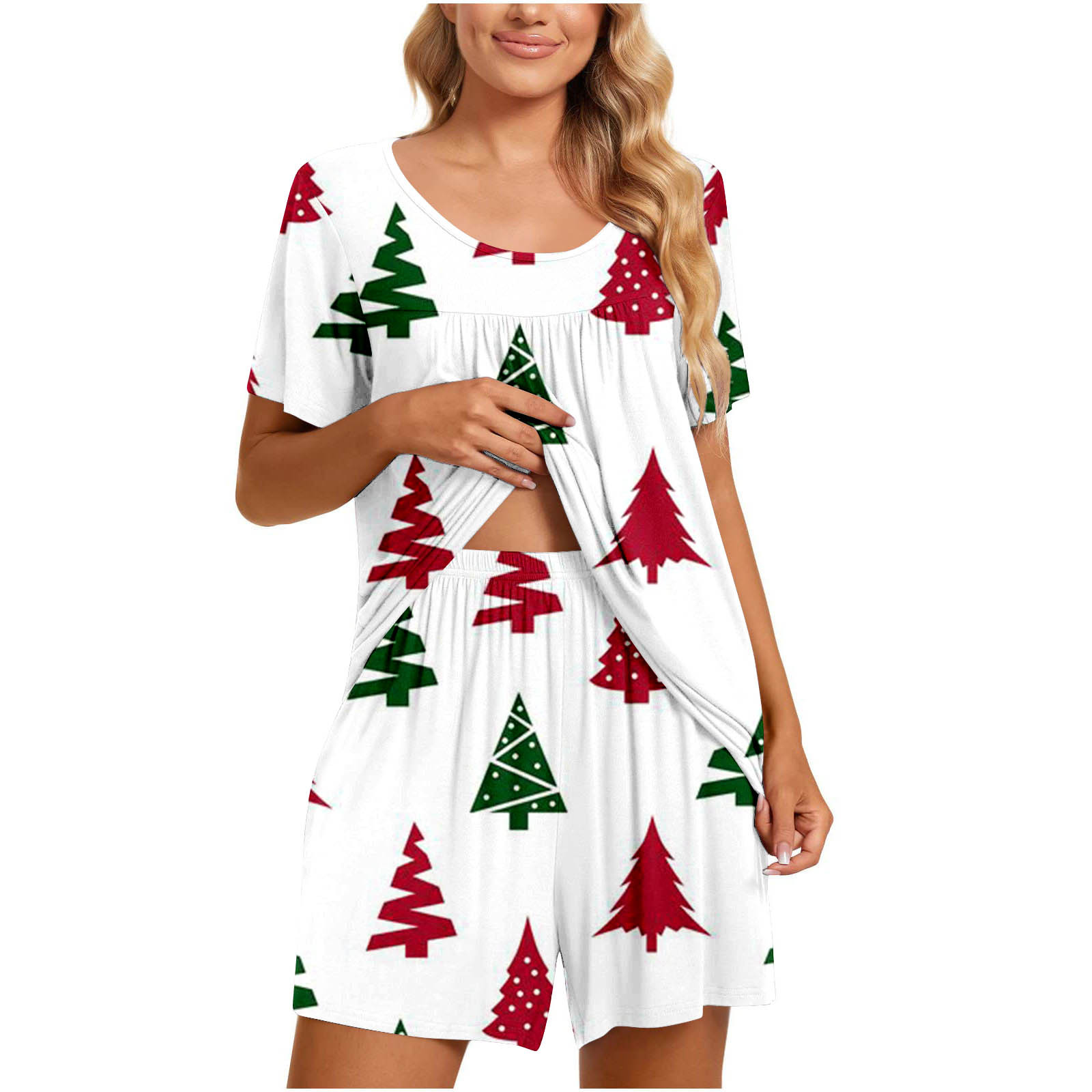 AherBiu Womens Christmas Short Pj Sets Short Sleeve Tunic Tops Loose