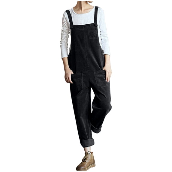 AherBiu Womens Corduroy Jumpsuits Suspenders Sleeveless Square Neck Straight Leg Pants Rompers with Pockets