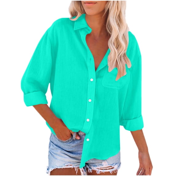 AherBiu Womens Cotton Linen Button Down Shirts Blouse Open Front Lapel V Neck Long Sleeve Lightweight Fall Tops