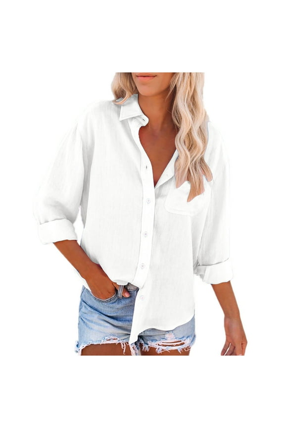 Womens Cotton Linen Shirts Blouse Open Front Button Lapel V Neck Long Sleeve Solid Basic Fall Tops