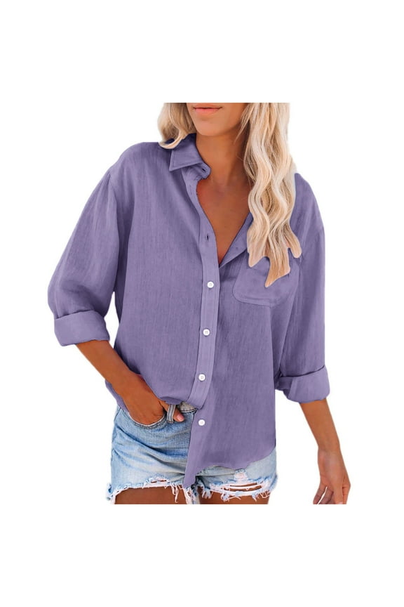 Womens Cotton Linen Shirts Blouse Open Front Button Lapel V Neck Long Sleeve Solid Basic Fall Tops