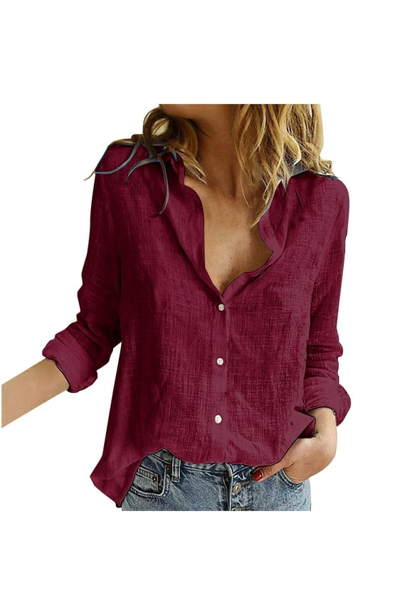 Womens Cotton Linen Shirts Blouse Open Front Button Lapel V Neck Long Sleeve Solid Basic Fall Tops
