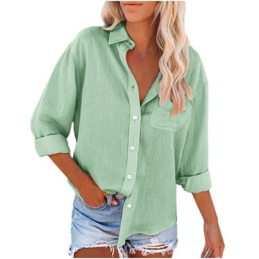AherBiu Womens Cotton Linen Shirts Blouse Open Front Button Lapel V Neck Long Sleeve Solid Basic Fall Tops
