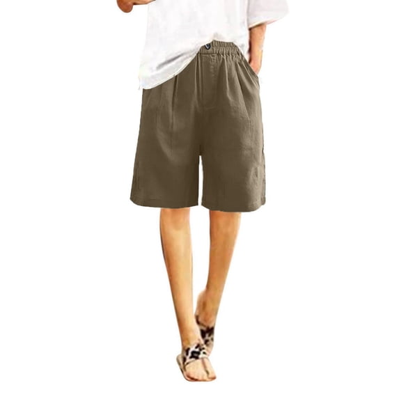 AherBiu Womens Cotton Linen Shorts Knee Length Elastic High Waist Wide Leg Short Pants Solid Color Loose Fitting