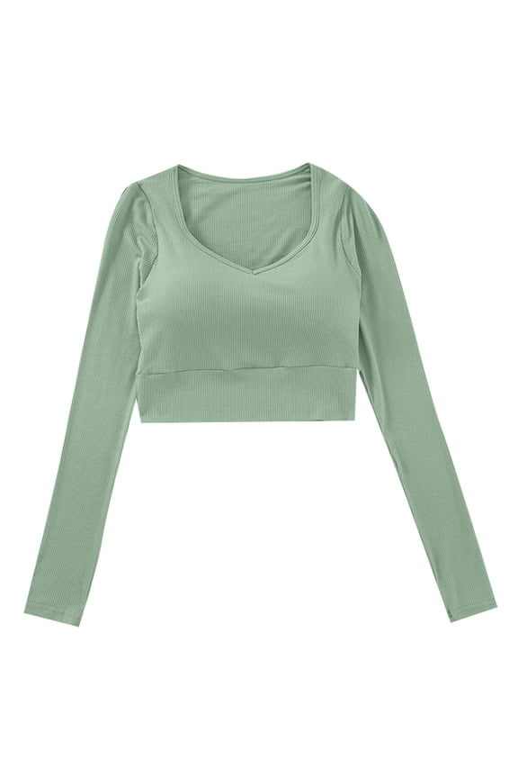 Womens Crop Tops with Built in Bra Long Sleeve Crew Neck Stretchy Ribbed Top Tees Fall Basic Tshirts