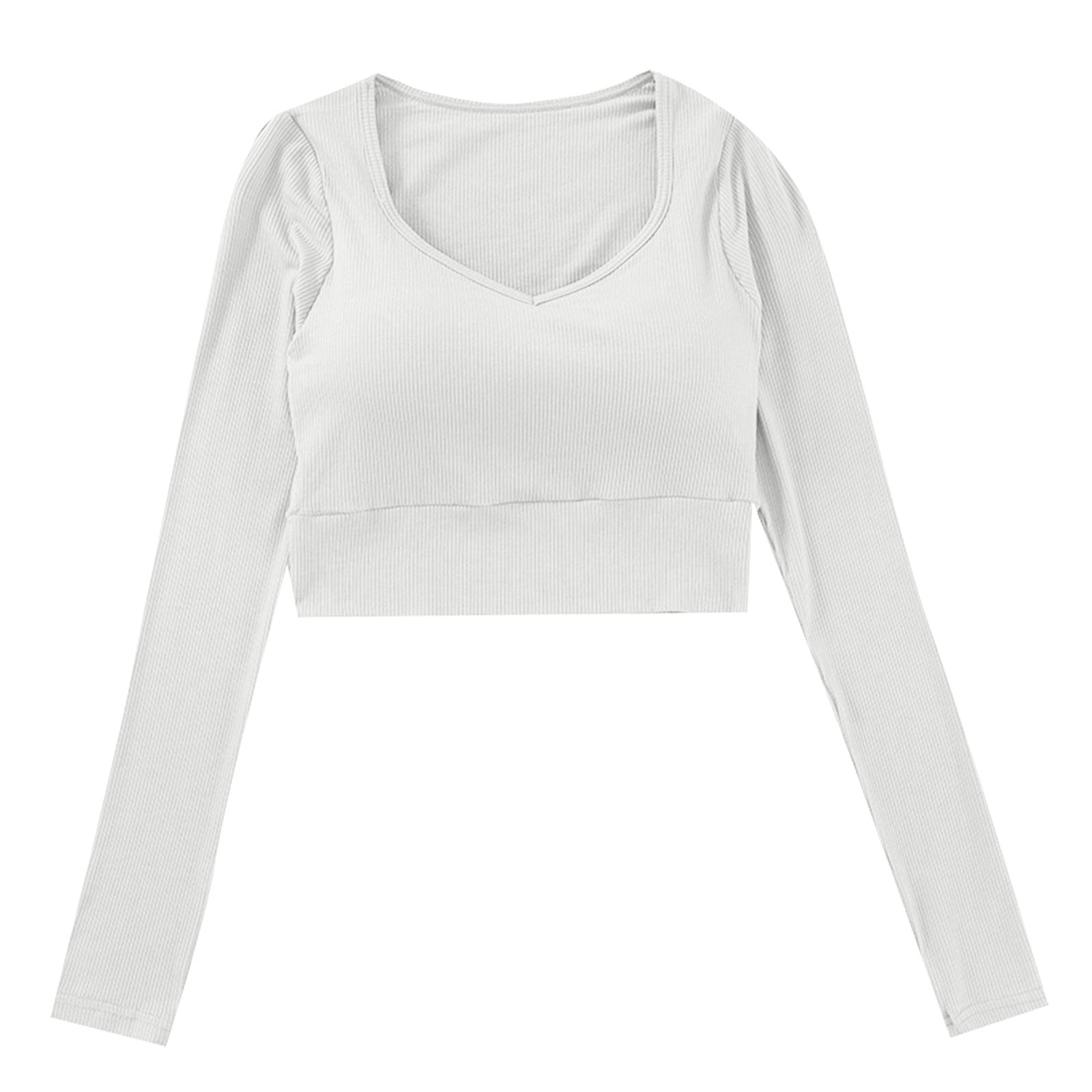 AherBiu Womens Crop Tops with Built in Bra Long Sleeve Crew Neck