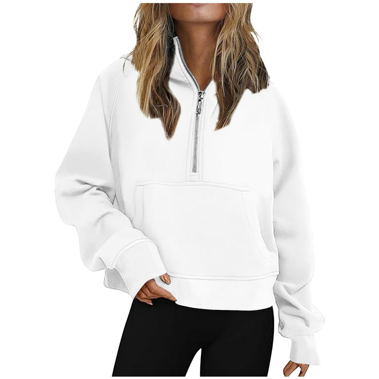 AherBiu Womens Cropped Sweatshirt Half Zip up Pullover Hoodie Long Sleeve Stand Collar Tops with Pocket