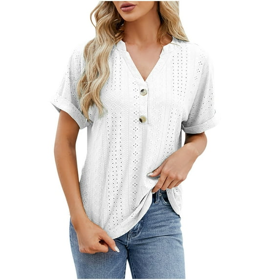 AherBiu Womens Eyelet Tops Short Sleeve Button V Neck Summer Casual Tops for Women Flowy Shirts Blouse