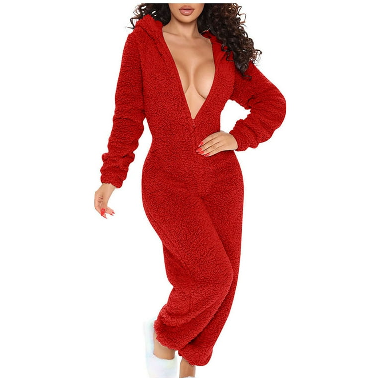 AherBiu Womens Fleece Fluffy Pajamas Jumpsuits Half Zip up Hooded Plush  Rompers Button Butt Open Overalls 