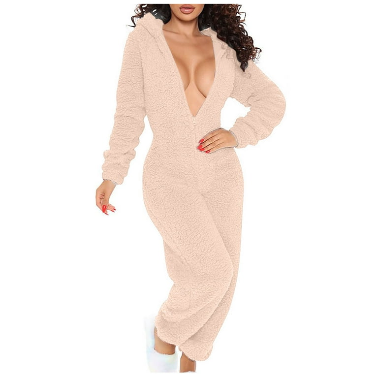 AherBiu Womens Fleece Fluffy Pajamas Jumpsuits Half Zip up Hooded