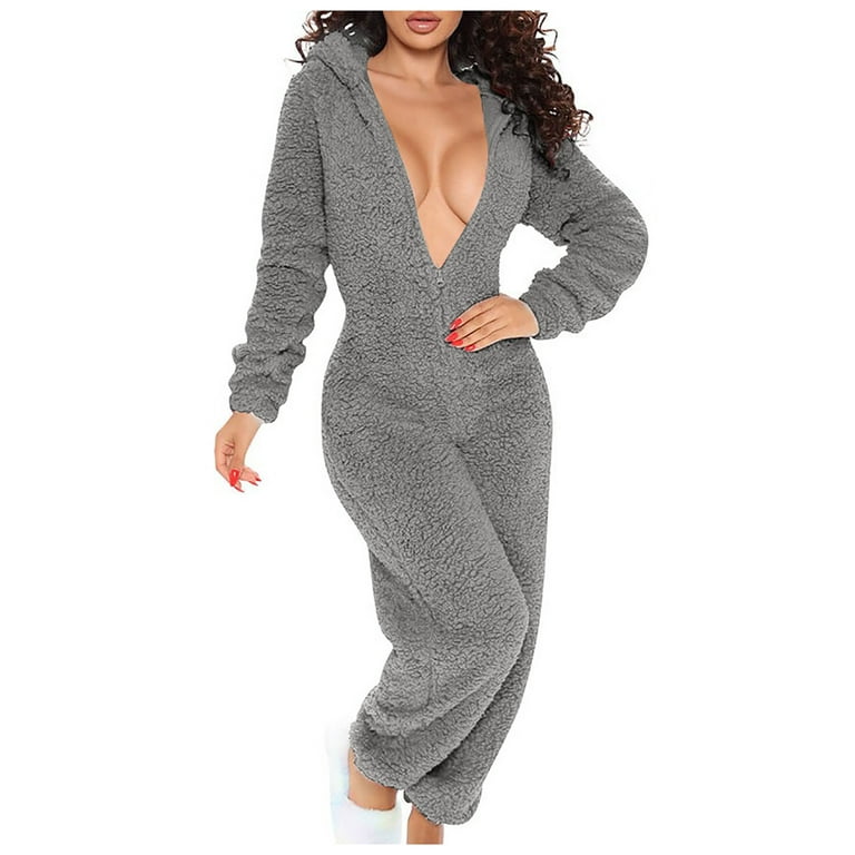 AherBiu Womens Fleece Fluffy Pajamas Jumpsuits Half Zip up Hooded
