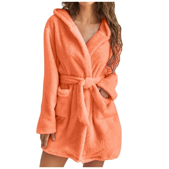 AherBiu Womens Fleece Short Bathrobes Plus Size Hooded Winter Cozy Bath Robe with Pockets Solid Color