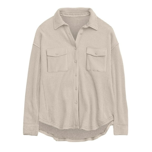 AherBiu Womens Jacket Shacket Button down Shirts Lapel V Neck Long Sleeve Tops Fall Casual Loose Outwear