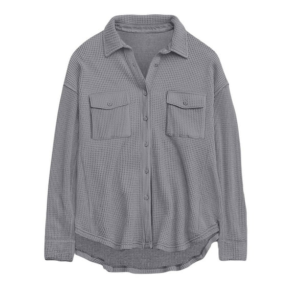 AherBiu Womens Jacket Shacket Button down Shirts Lapel V Neck Long Sleeve Tops Fall Casual Loose Outwear