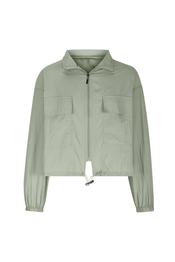 Womens Jackets Lightweight Zip up Lapel V Neck Long Sleeve Cropped Hiking Outwear Coats with Pockets