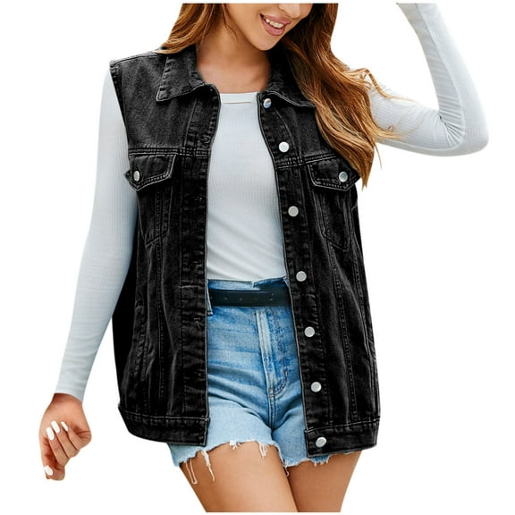 AherBiu Womens Jean Jackets Sleeveless Denim Vests Button down Collared Streetwear Outwear with Pockets