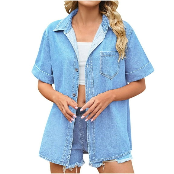 AherBiu Womens Jean Tops Short Sleeve Button down Denim Shirts Lapel V Neck Summer Loose Blouse with Pocket