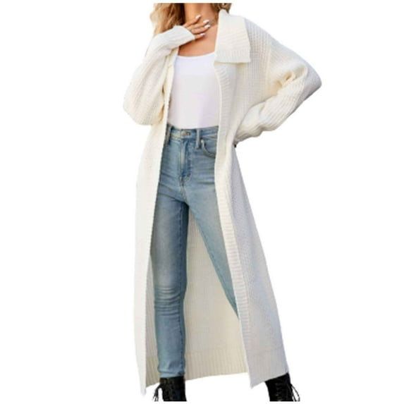 AherBiu Womens Long Cardigans Lapel Open Front Long Sleeve Sweater Cardigan for Women Maxi Knitwear Coats