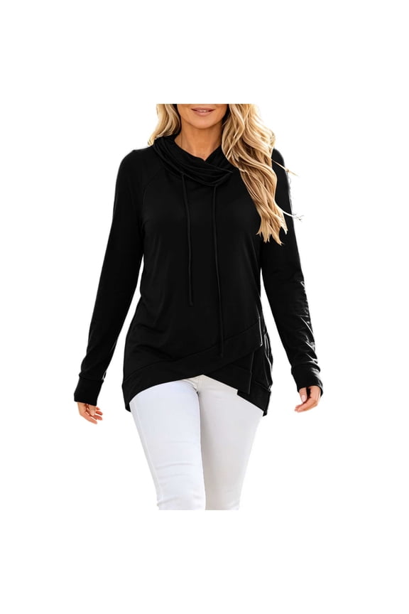Womens Long Sleeve Cowl Neck Tunic Tops Casual Wrap Slit Hem Drawstring Pullover Sweatshirt(Large,Black)