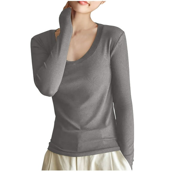 AherBiu Womens Long Sleeve Tops Basic Layer Undershirts Round Neck Ribbed Slim Fitted Tee Shirts Blouse
